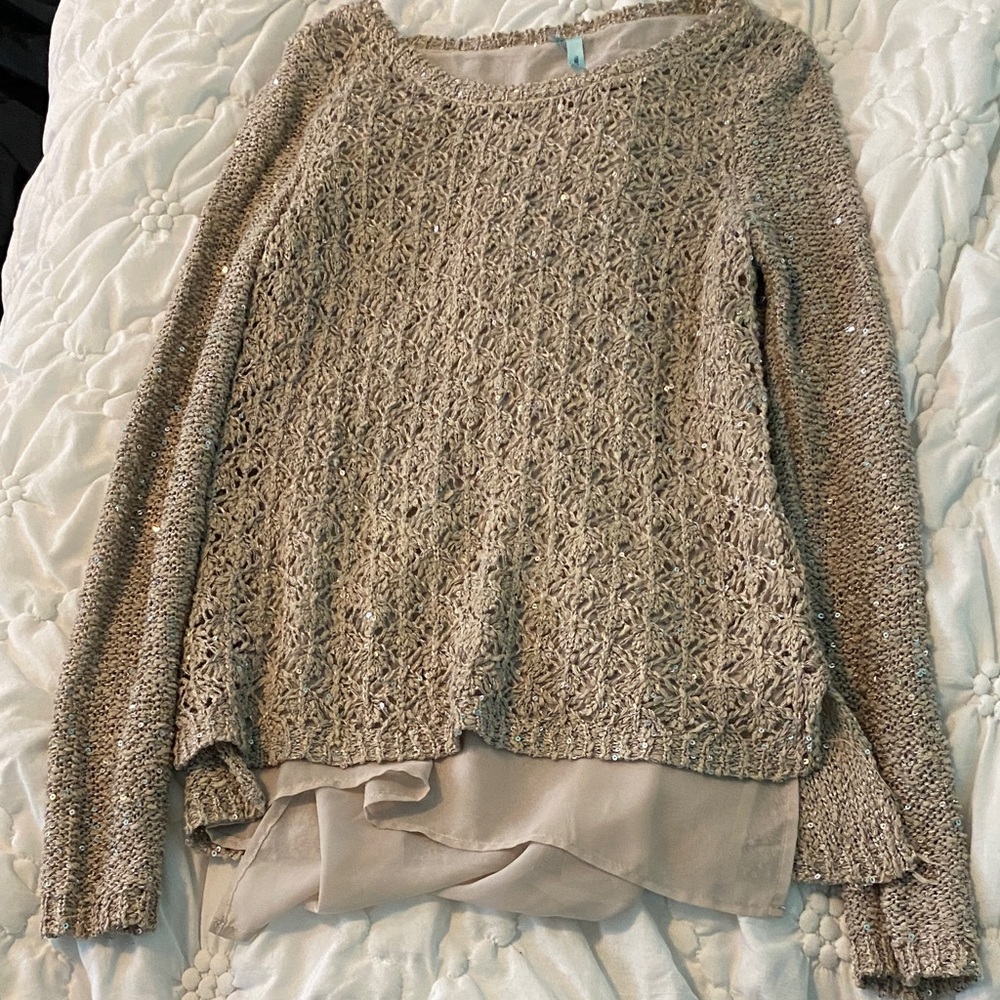 Maurices Beige Knit Sweater with Layered Hem